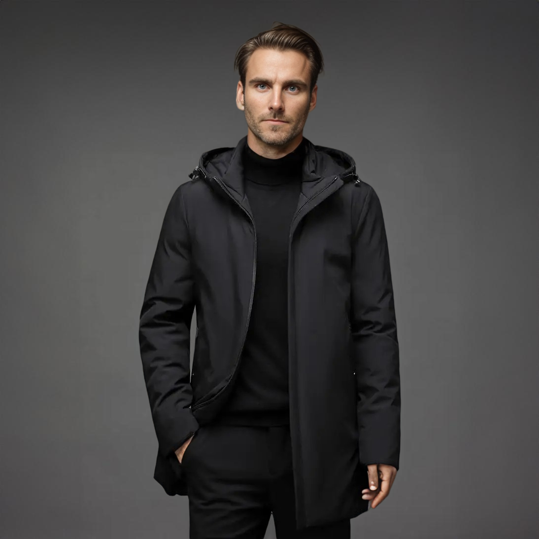 Menns vinterparkas, frontvisning. Mørk, med glidelås og knapper, varm og praktisk design.