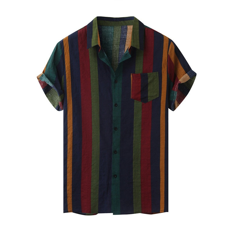 Menns vintage Hawaii skjorte med krage, kortermet og stripete mønster for sommerfritid.
