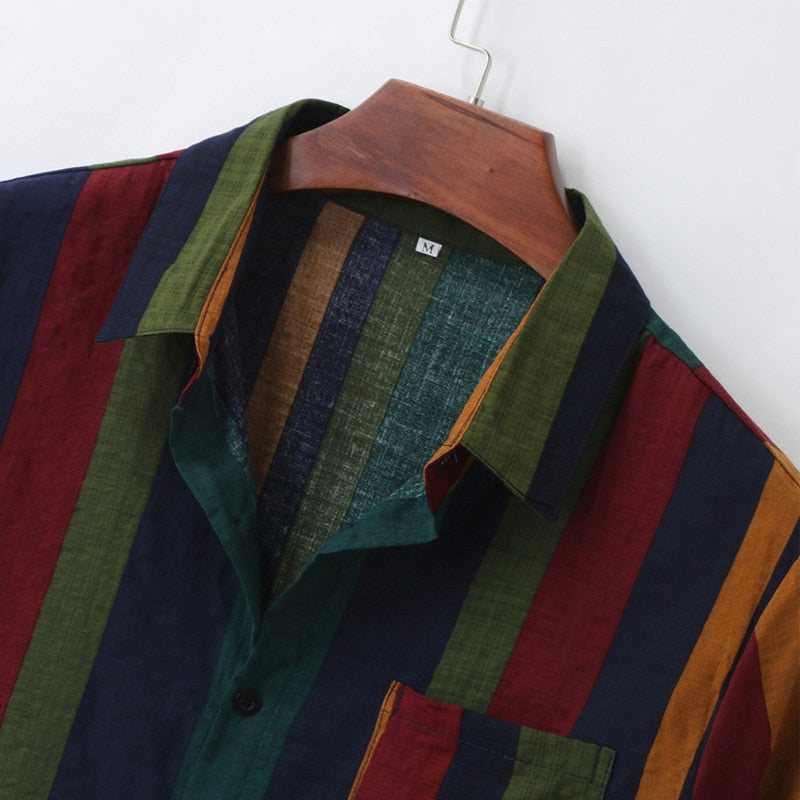 Mote for menn: Stripete vintage Hawaii skjorte, kortermet herre skjorte med krage for sommerbruk.