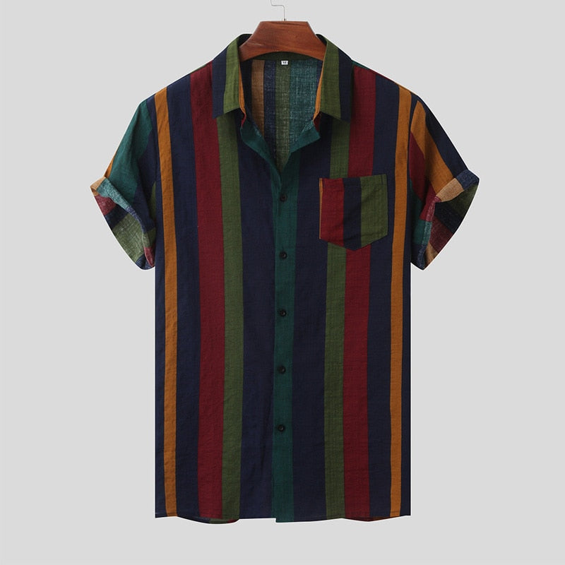 Menns kortermet Hawaii skjorte, vintage stil med striper og button down-lukking.