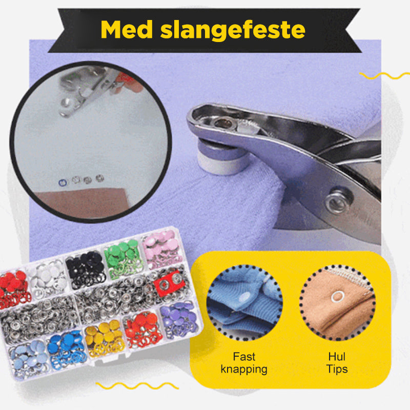 "Metalltrykk knappesett i 10 farger, inkludert rød og grønn. Perfekt for klær, babyutstyr og kreative prosjekter."