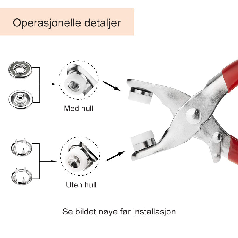 "Metalltrykk knappesett i 10 farger, inkludert rød og grønn. Perfekt for klær, babyutstyr og kreative prosjekter."