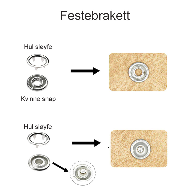 "Metalltrykk knappesett i 10 farger, inkludert rød og grønn. Perfekt for klær, babyutstyr og kreative prosjekter."