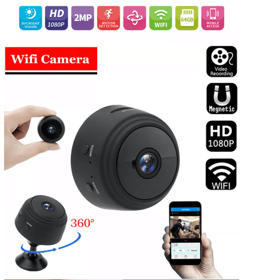 "Mini HD-kamera med 1080p oppløsning, WiFi, diskret svart design, magnetisk feste, perfekt for hjem eller kontor"