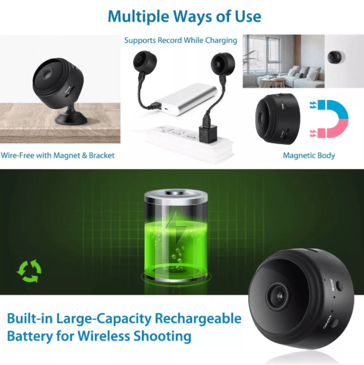 "Mini HD-kamera med 1080p oppløsning, WiFi, diskret svart design, magnetisk feste, perfekt for hjem eller kontor"