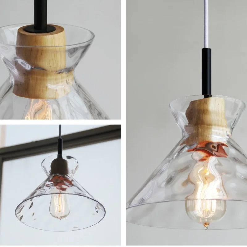 "Minimalistisk Art Ripple glasspendellampe med japansk design og treoppheng, perfekt for moderne interiør."