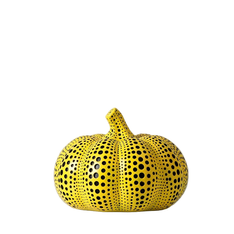 Minimalistisk gresskarskulptur i resin med svarte polkaprikker, moderne dekorasjon, gaveide.
