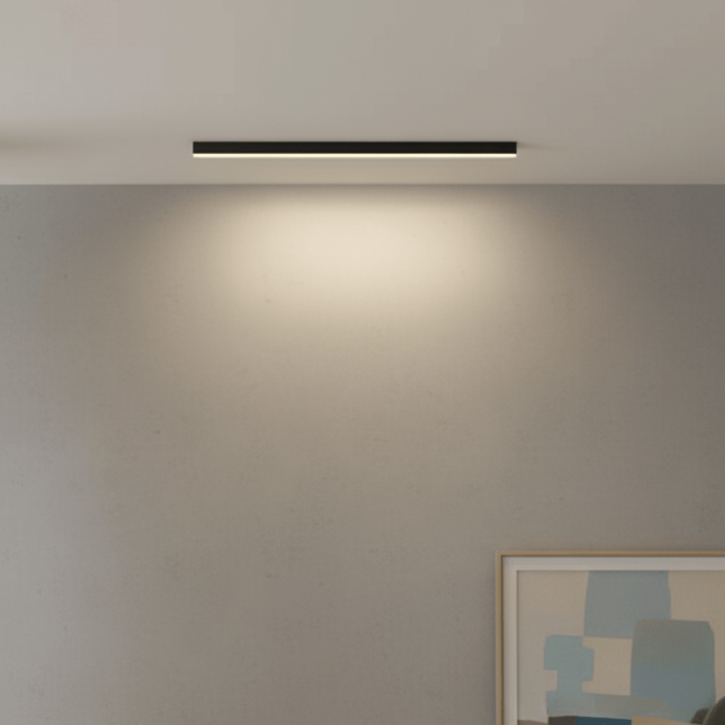 Moderne LED taklampe til stue. Slank design, dimbar innendørs lampe for elegant taklys i hjemmet.