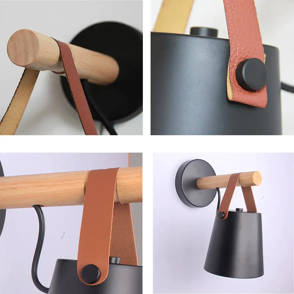 Nordisk minimalistisk vegglampe, laget av tre, for en rolig og innbydende stue.