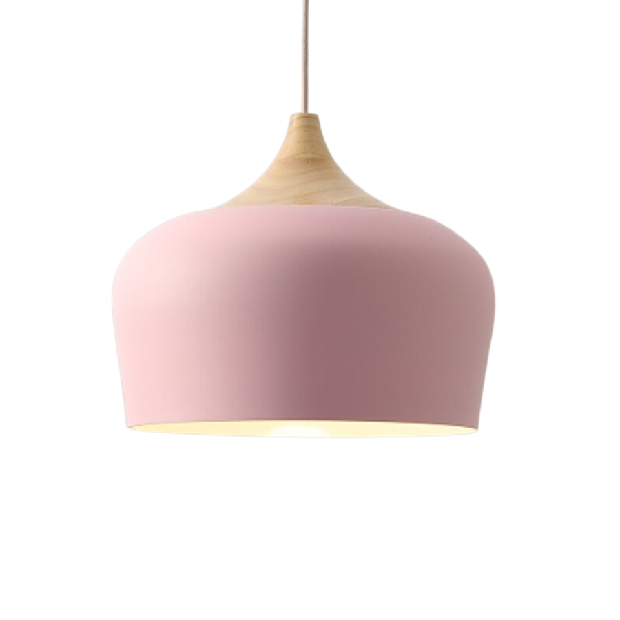 Pendellampe i pastell som lyser opp et koselig hjørne, skaper stemningslys i moderne stil.
