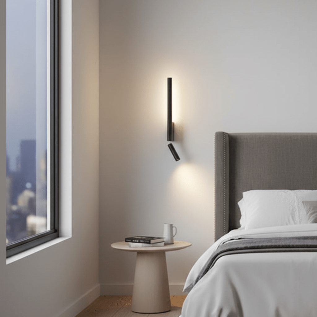 Svart minimalistisk vegglampe. Veggmontert design for moderne hjem og dekorativ innendørs belysning.
