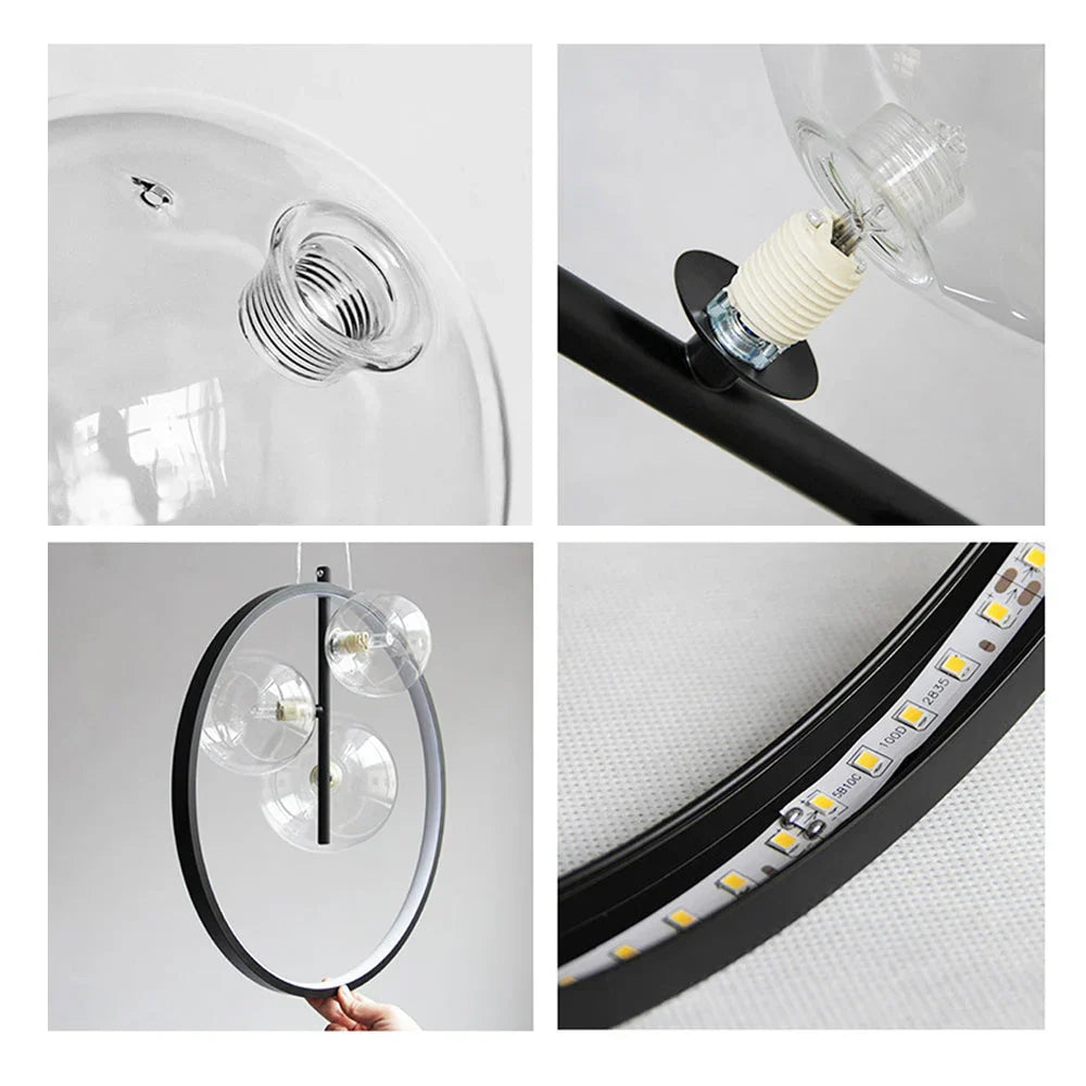 "Moderne bubble glass pendellampe i industriell stil, akryl og metall, med elegant burdesign. Perfekt for interiører."