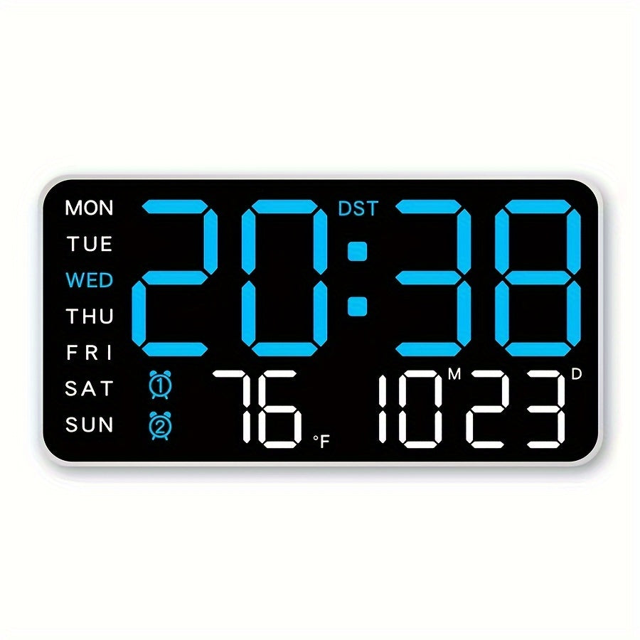 Moderne digital veggklokke med stor LED-skjerm som viser tid, temperatur og dato. Elegant design.