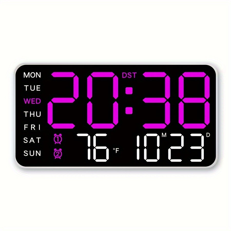 Digital veggklokke med svart ramme og klar LED-skjerm som viser tid, dato og romtemperatur. Moderne hjemmedekor.