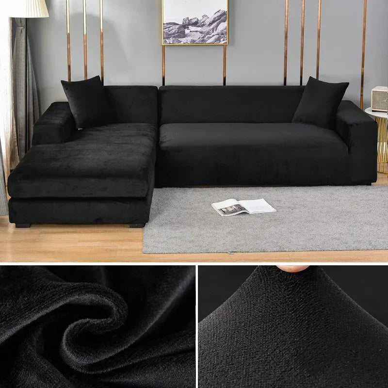 Før-og-etter bildeeffekt: en sofa med et fargerikt, nytt elastisk sofatrekk for umiddelbar sofafornyelse.