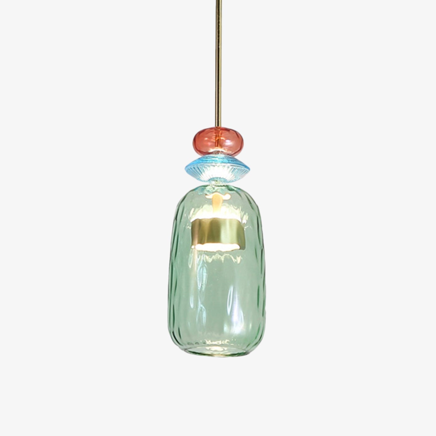 Abstrakt designet fargerik pendellampe, en moderne LED-taklampe som er et kunstverk i seg selv.