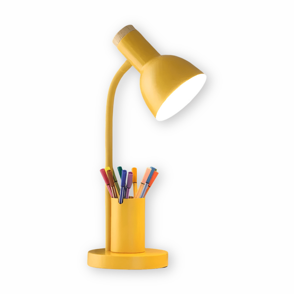 Hvit, moderne LED-bordlampe med penneholder. Ideell for hjemmekontor og god belysning.