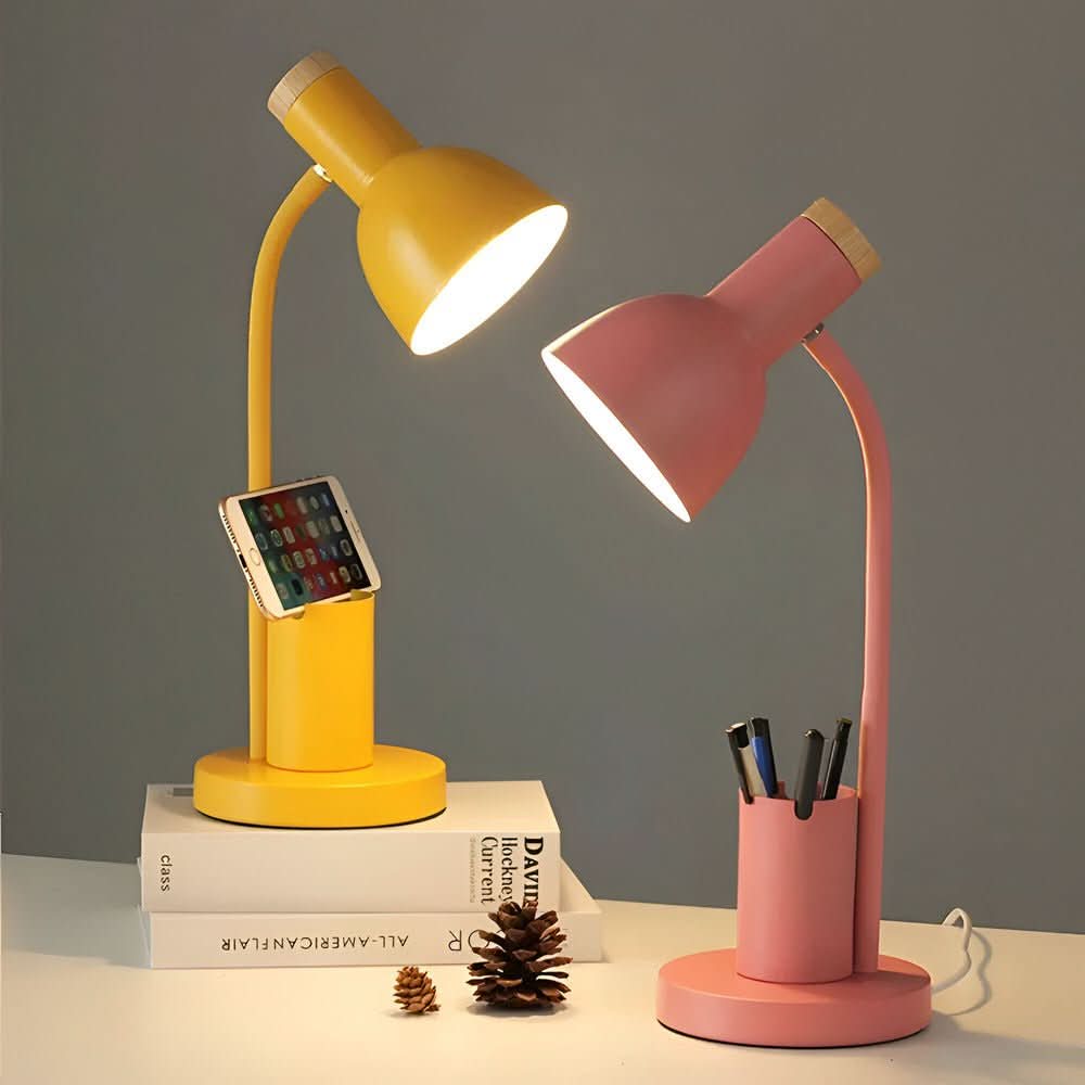 Justerbar LED-bordlampe med leselys. Energieffektivt lys for hjemmekontoret med penneholder.