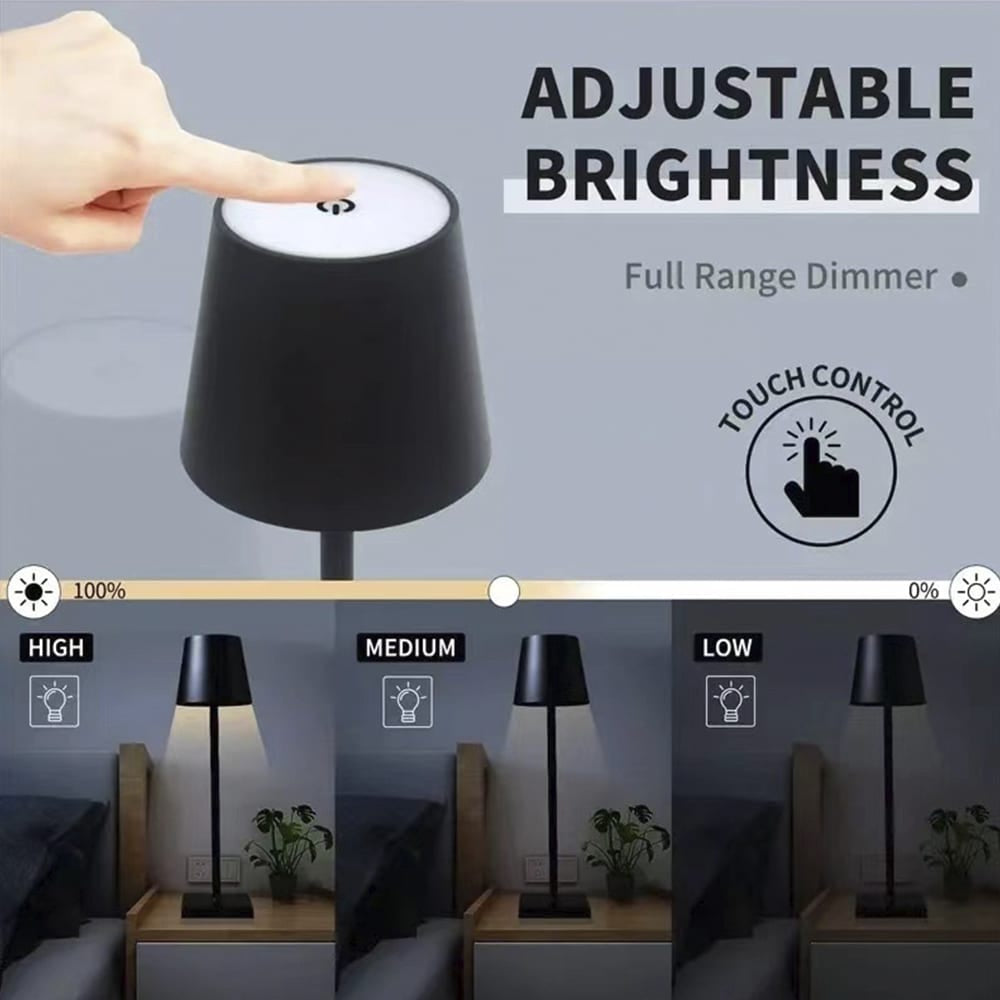 "Moderne LED-bordlampe med touch-funksjon, oppladbar, minimalistisk design i smijern og ABS, perfekt for bord og nattbord."