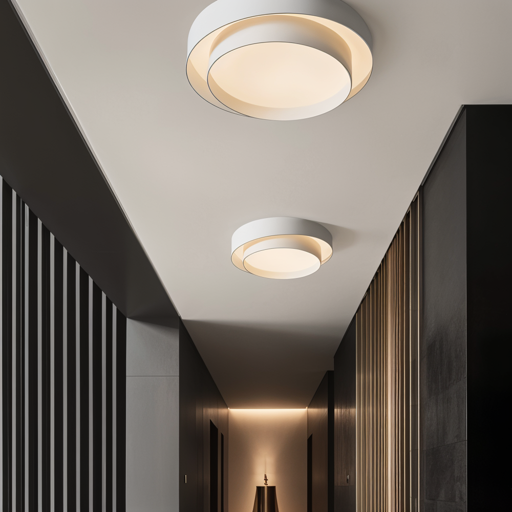 Stemningsfull dimbar LED taklampe. Varmt lys fra unikt dobbeltlags design, moderne interiør.