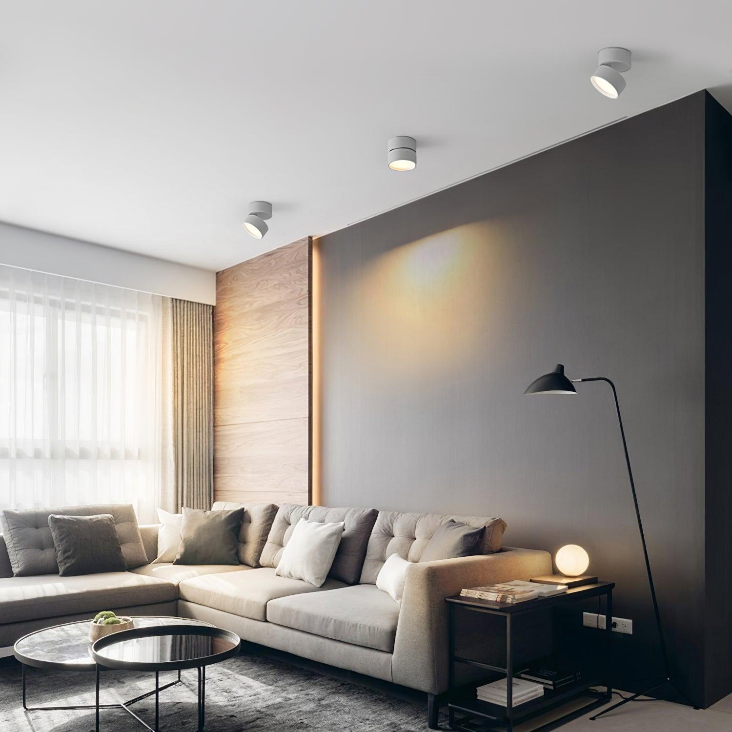 Moderne LED taklampe, roterbar, stilrent design, hvit-svart finish, 475x475, skjerper kunstverk, funksjonell belysning.