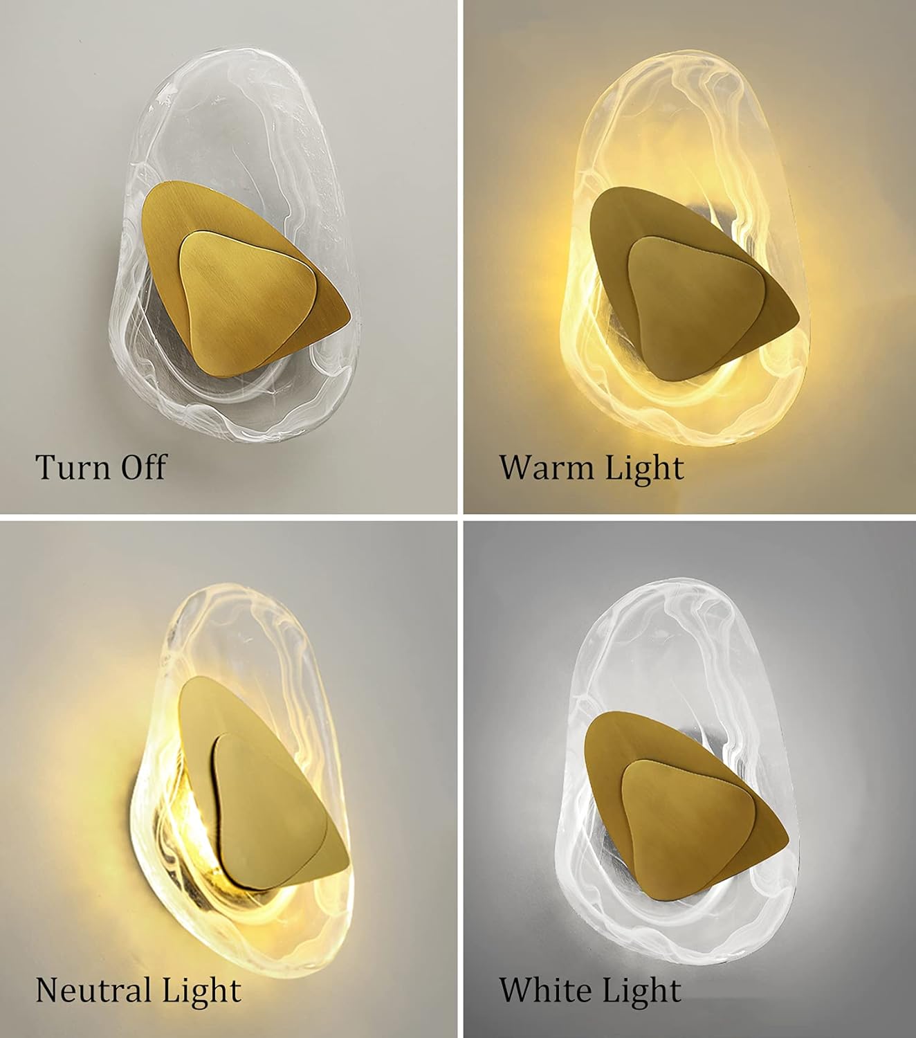 Moderne LED vegglampe i glass, gull og svart. Elegant design med mykt lys for stilfull innredning i stue eller soverom.