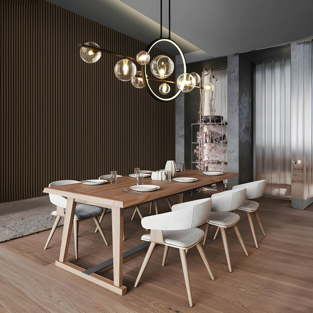 "Moderne lysekrone med elegante glasskuler i hvit og svart, perfekt for stilfull innendørs belysning i stuer."