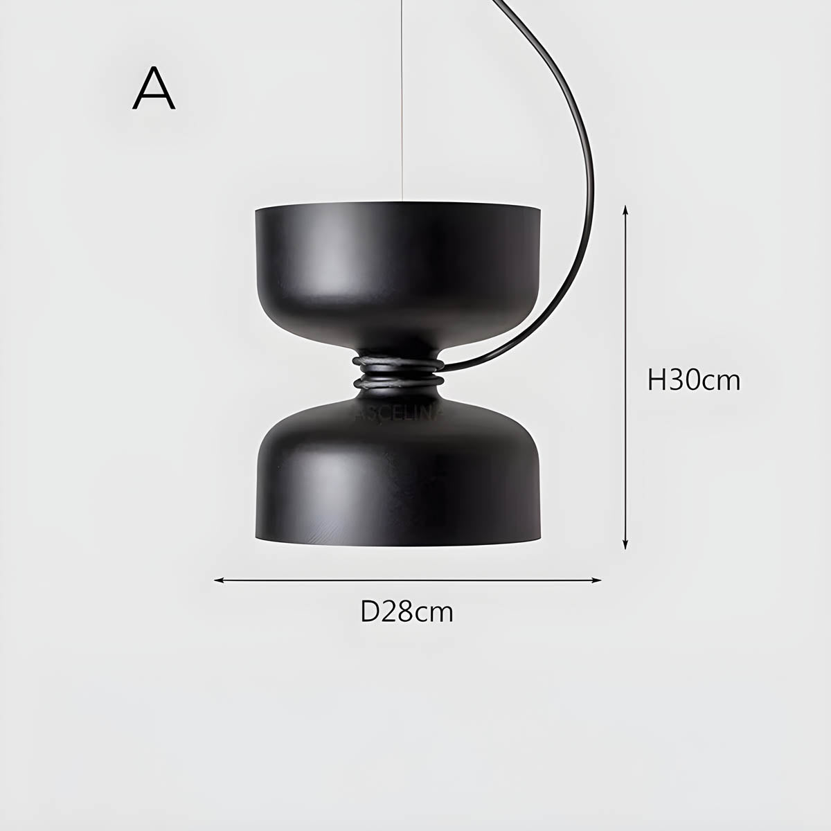 "Moderne pendellampe med geometrisk design, sirkulær form, og dristige kurver, perfekt for interiørbelysning."