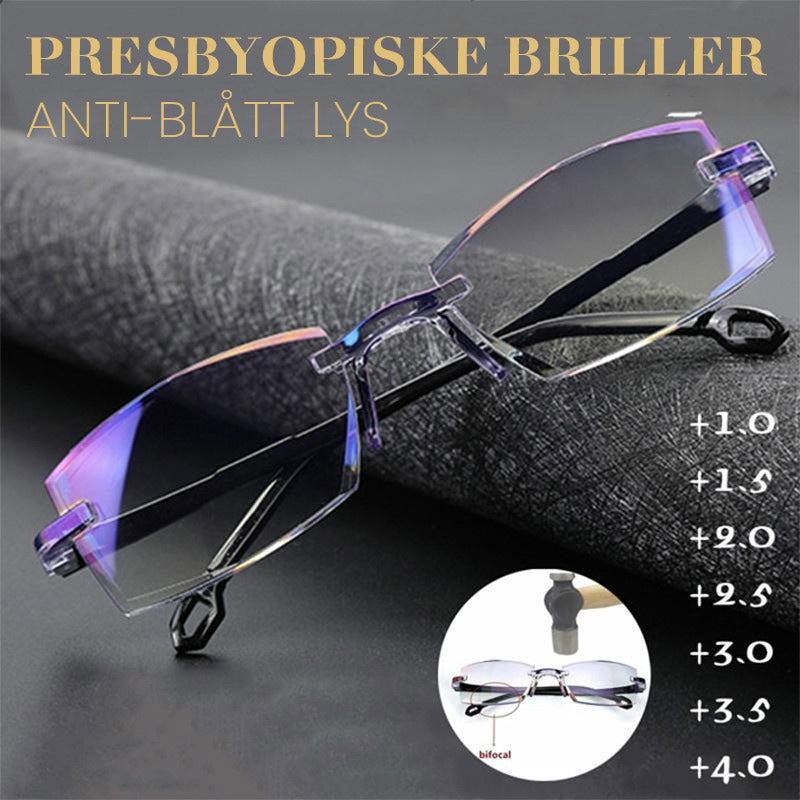 "Moderne progressive lesebriller mot blått lys, ultralette titanrammer, frontvisning for synskomfort."