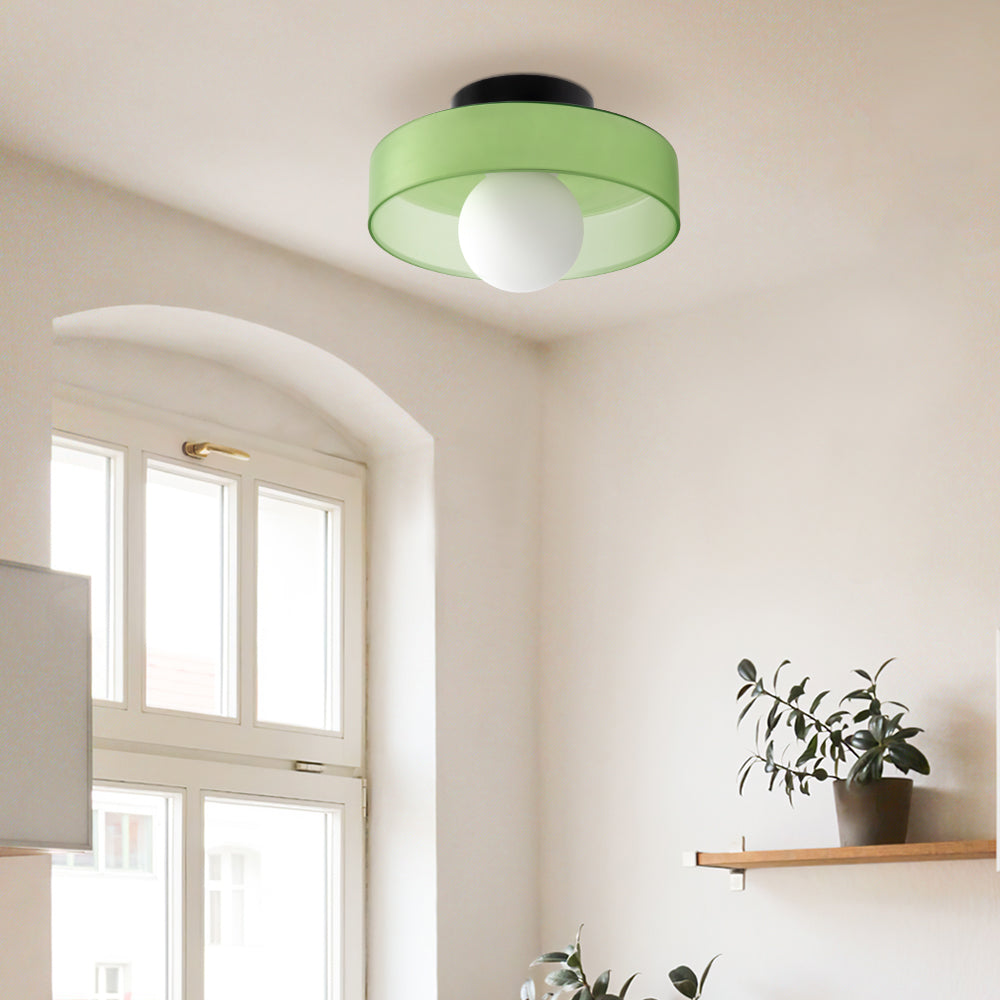 "Moderne rund taklampe med varm belysning, sofistikert glassdesign i grønn, hvit eller rosa matt finish."