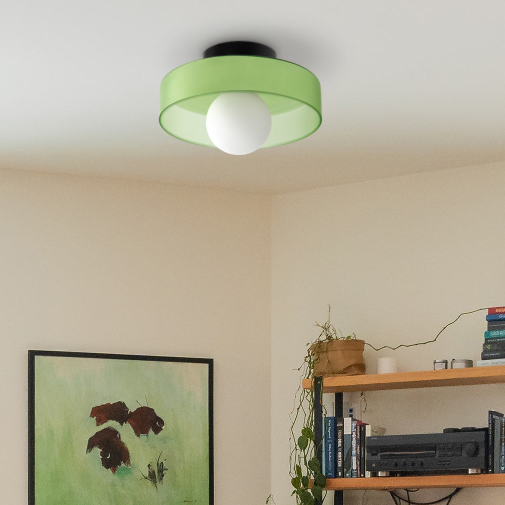 "Moderne rund taklampe med varm belysning, sofistikert glassdesign i grønn, hvit eller rosa matt finish."