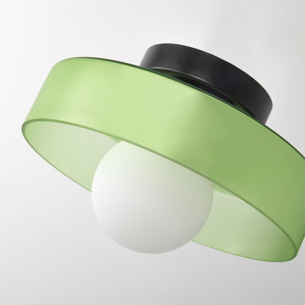 "Moderne rund taklampe med varm belysning, sofistikert glassdesign i grønn, hvit eller rosa matt finish."