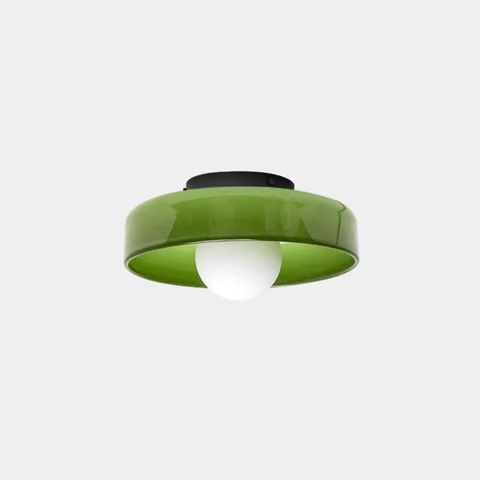 "Moderne rund taklampe med varm belysning, sofistikert glassdesign i grønn, hvit eller rosa matt finish."
