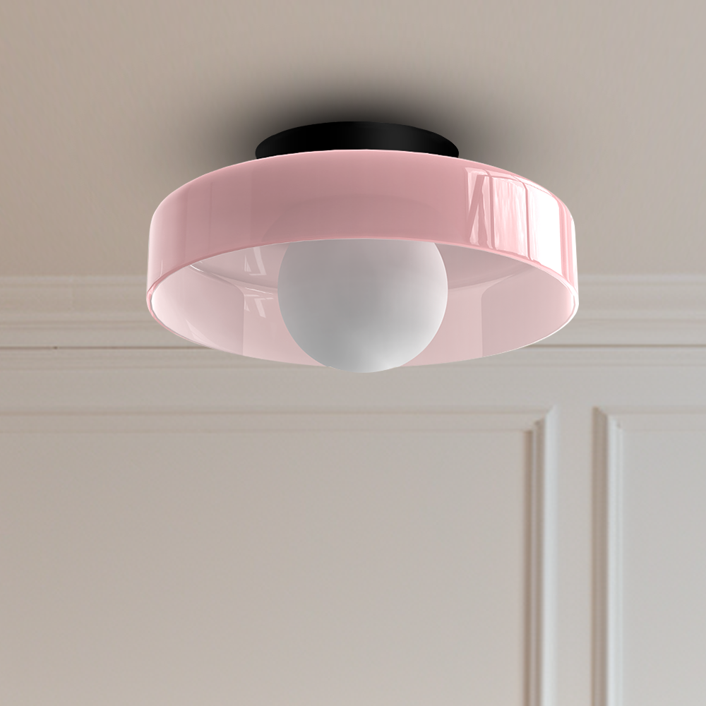 "Moderne rund taklampe med varm belysning, sofistikert glassdesign i grønn, hvit eller rosa matt finish."