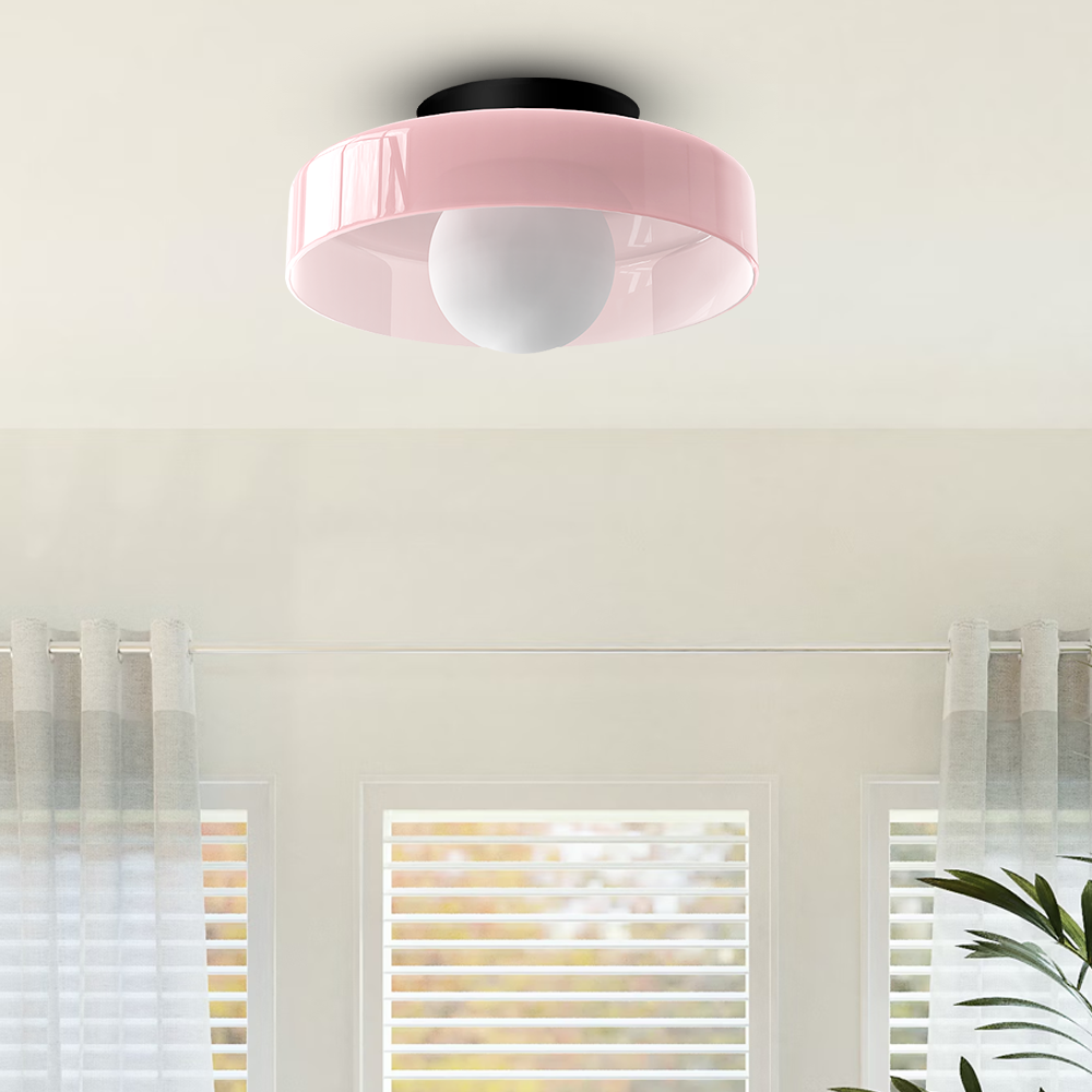 "Moderne rund taklampe med varm belysning, sofistikert glassdesign i grønn, hvit eller rosa matt finish."