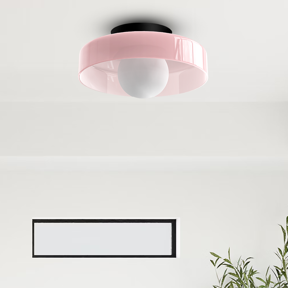 "Moderne rund taklampe med varm belysning, sofistikert glassdesign i grønn, hvit eller rosa matt finish."