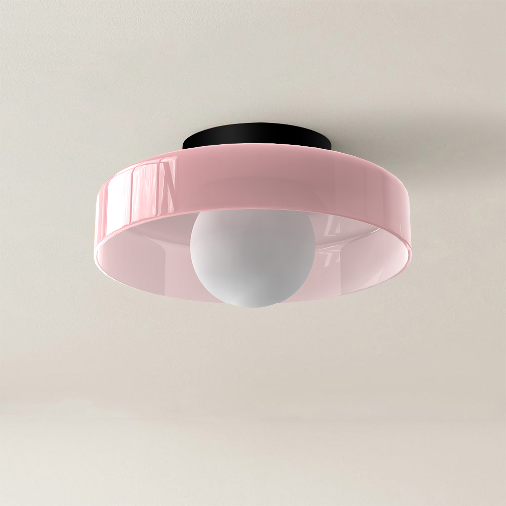 "Moderne rund taklampe med varm belysning, sofistikert glassdesign i grønn, hvit eller rosa matt finish."
