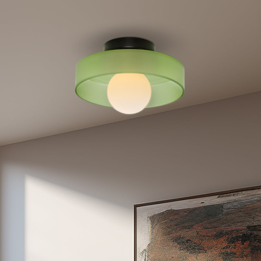 "Moderne rund taklampe med varm belysning, sofistikert glassdesign i grønn, hvit eller rosa matt finish."