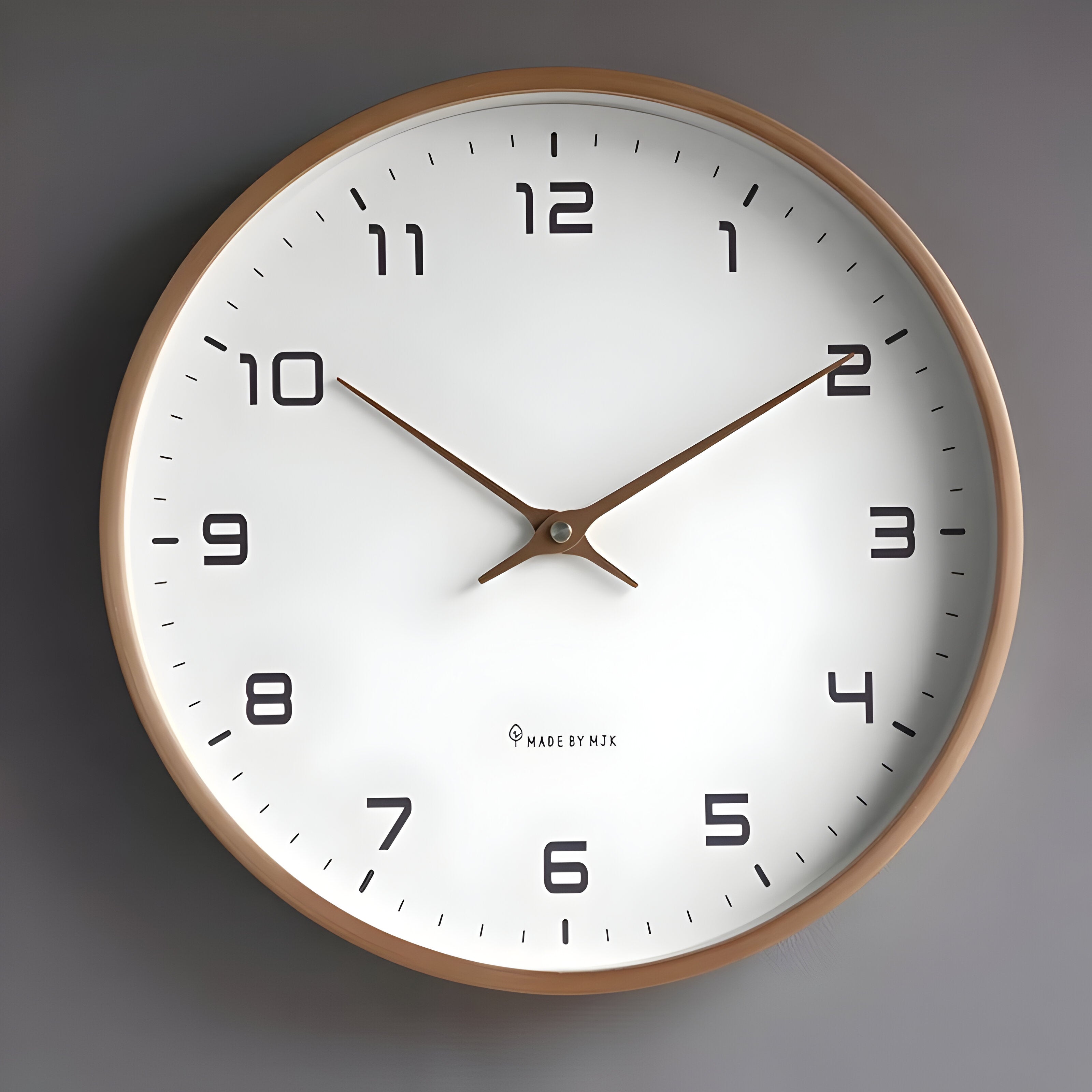 "Moderne rund veggklokke i stillegående tre, minimalistisk design, perfekt for moderne hjem og rolig interiør."