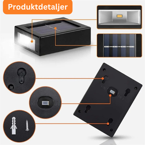 "Moderne solcelledrevet vegglampe i svart metall, IP65 vanntett, gir energieffektiv belysning for uteområdet ditt."
