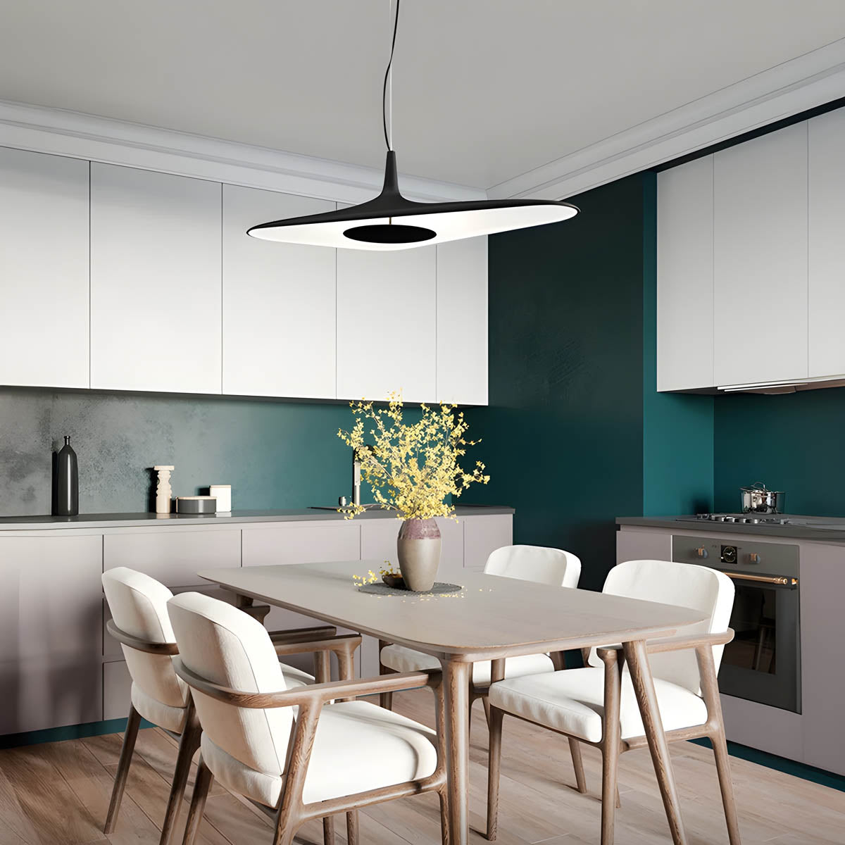 "Moderne TIPI pendellampe med unik design, slank form i hvit harpiks, perfekt for elegant innredning. Taklampe LED."