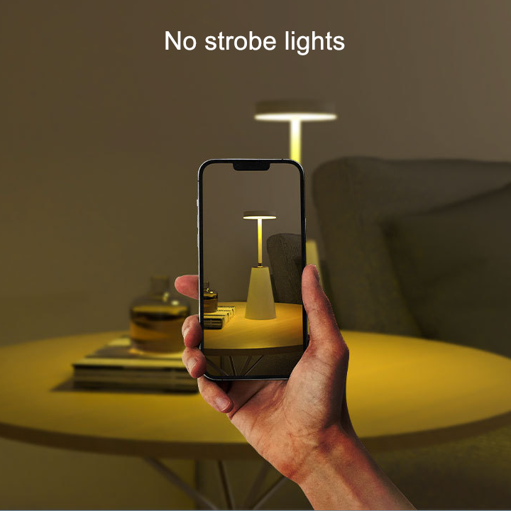"Moderne trådløs LED bordlampe med justerbar lysstyrke, konisk rustfri aluminium, matt finish, stilfullt design."