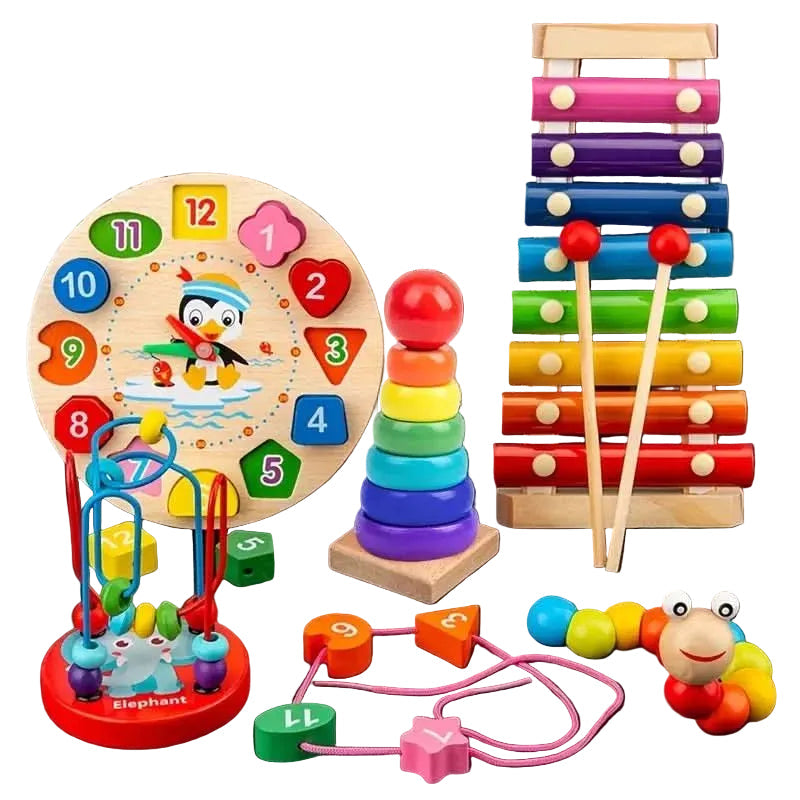 Montessori 5-i-1 treleke for babyer med fargerike former, utvikler sensorisk motorikk