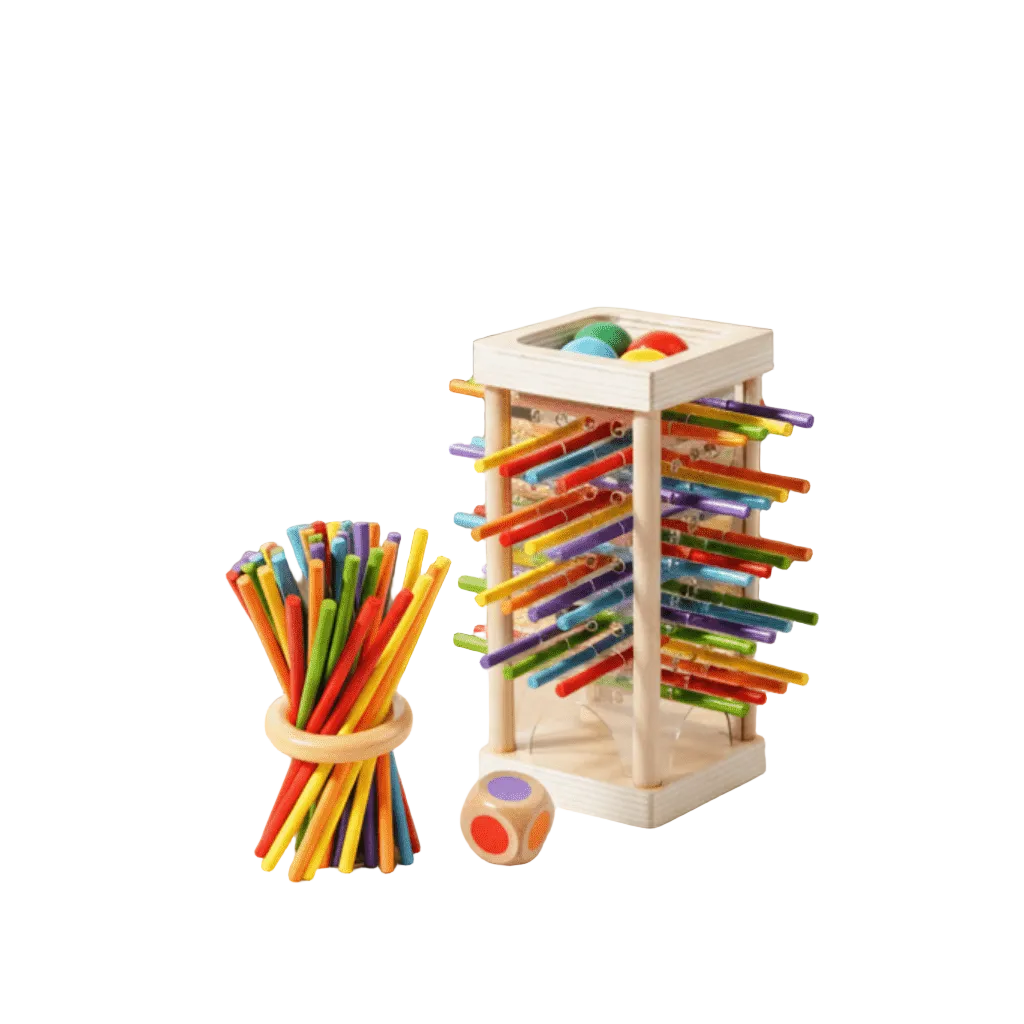 Montessori tellestenger i tre for barn, flerfargede pinner og nummerblokker, pedagogisk læringsleke.