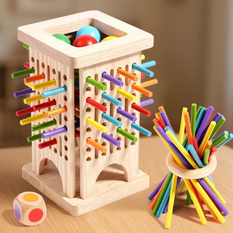 Oversiktsbilde av Montessori-settet med nummererte blokker og fargerike trepinner for koordinasjon.