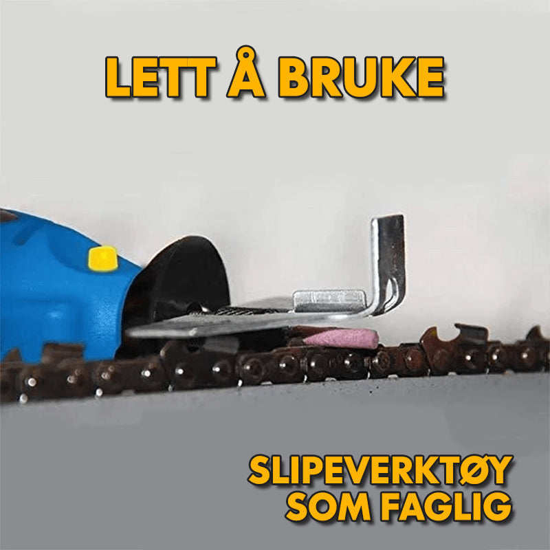 "Motorsagsliper tilbehør med robust stålkonstruksjon for effektiv sliping og enkel installasjon på sagverktøy."