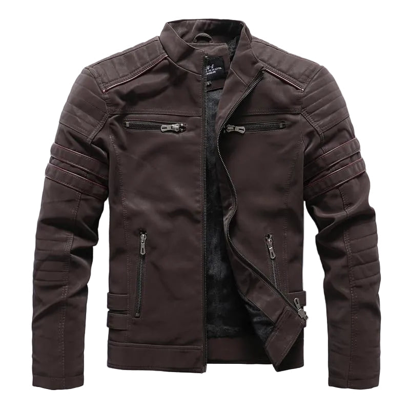Motorsykkeljakke i svart fuskepels for menn, med glidelåsdetaljer og bikerstil.
