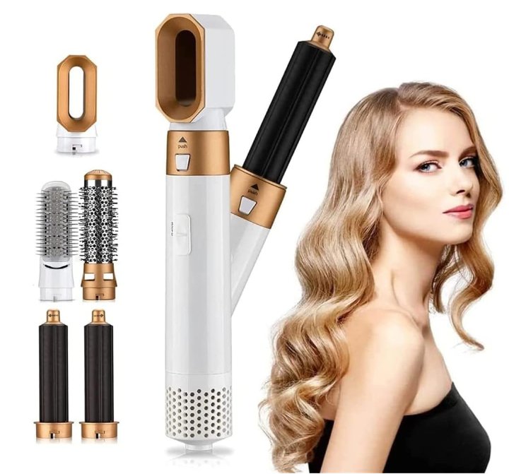 "Multifunksjonell 5-i-1 airstyler for proff hårstyling, med utskiftbare børstehoder og Coanda-effekt teknologi."
