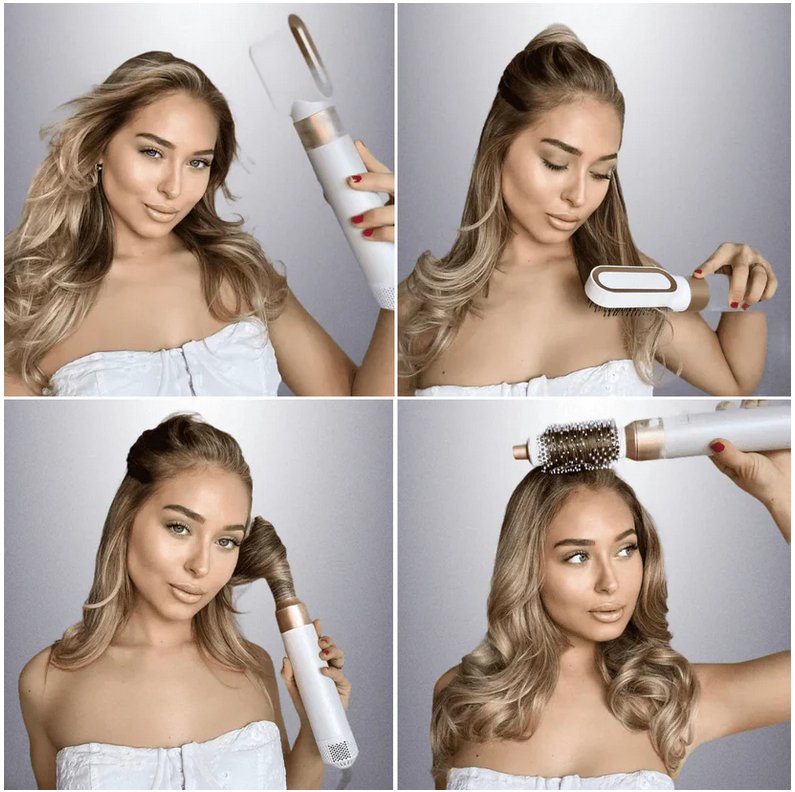 "Multifunksjonell 5-i-1 airstyler for proff hårstyling, med utskiftbare børstehoder og Coanda-effekt teknologi."