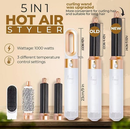 "Multifunksjonell 5-i-1 airstyler for proff hårstyling, med utskiftbare børstehoder og Coanda-effekt teknologi."